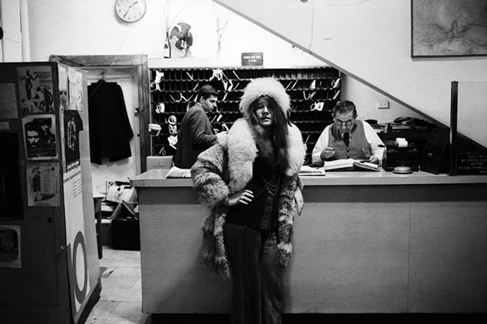 Janis Joplin in the lobby of the Chelsea Hotel in 1969: the singer spent time there with resident Leonard Cohen