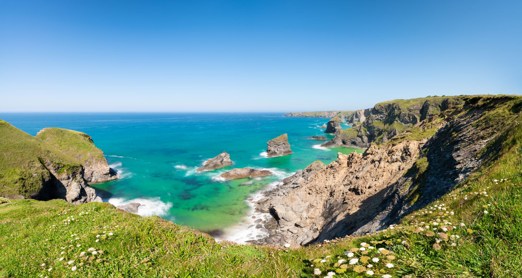 Bedruthan Steps panorama on summer day in Cornwall, England