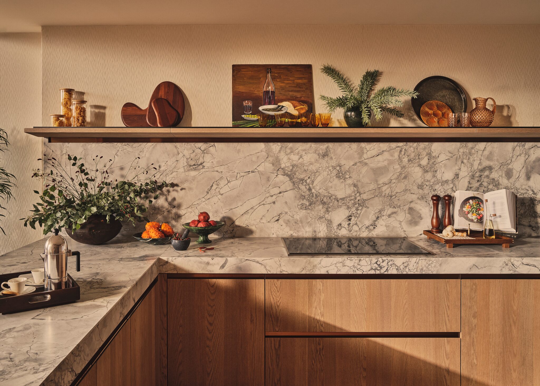 Kitchen worktop with marble splashback at The Whiteley, Queensway